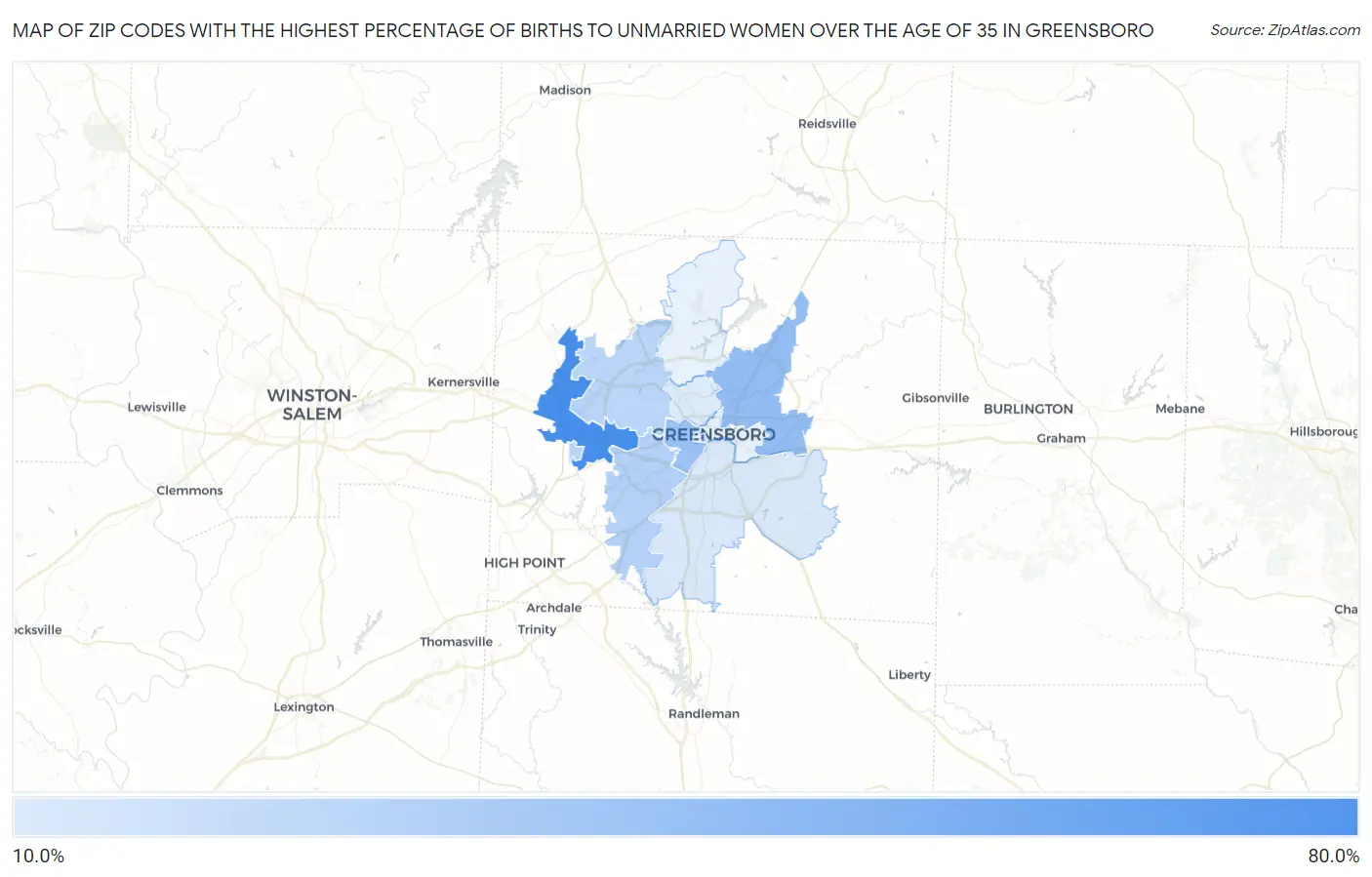 Zip Codes with the Highest Percentage of Births to Unmarried Women over the Age of 35 in Greensboro Map