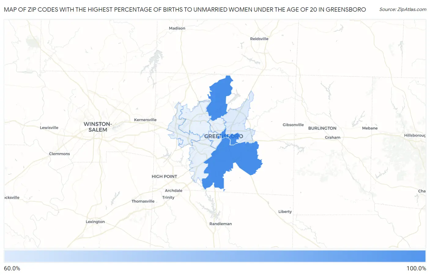 Zip Codes with the Highest Percentage of Births to Unmarried Women under the Age of 20 in Greensboro Map