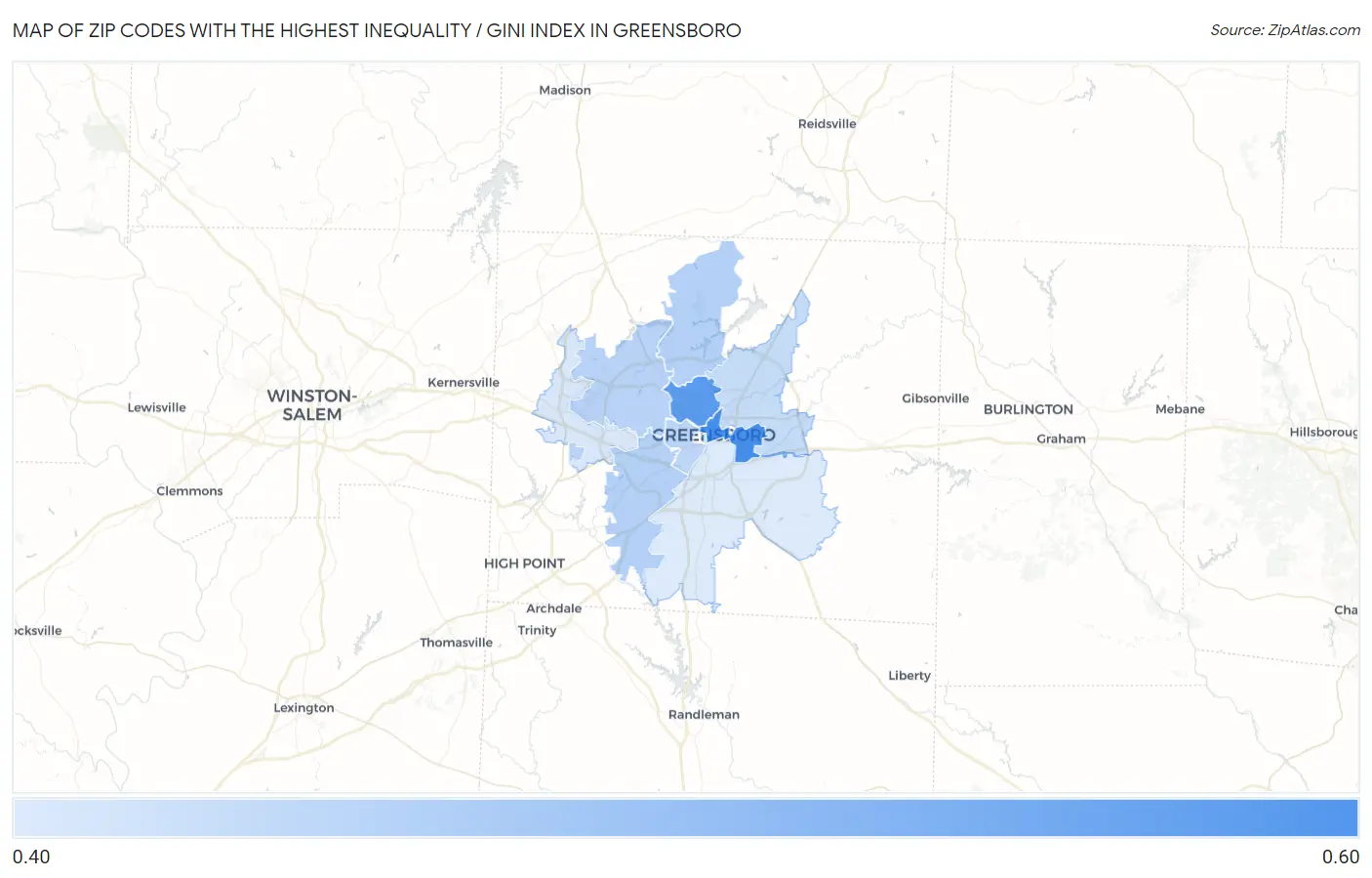 Zip Codes with the Highest Inequality / Gini Index in Greensboro Map