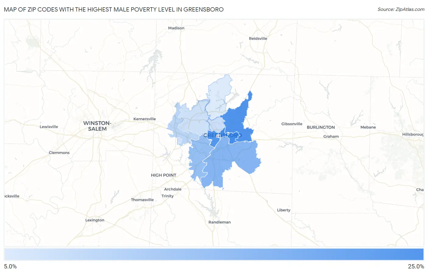 Zip Codes with the Highest Male Poverty Level in Greensboro Map