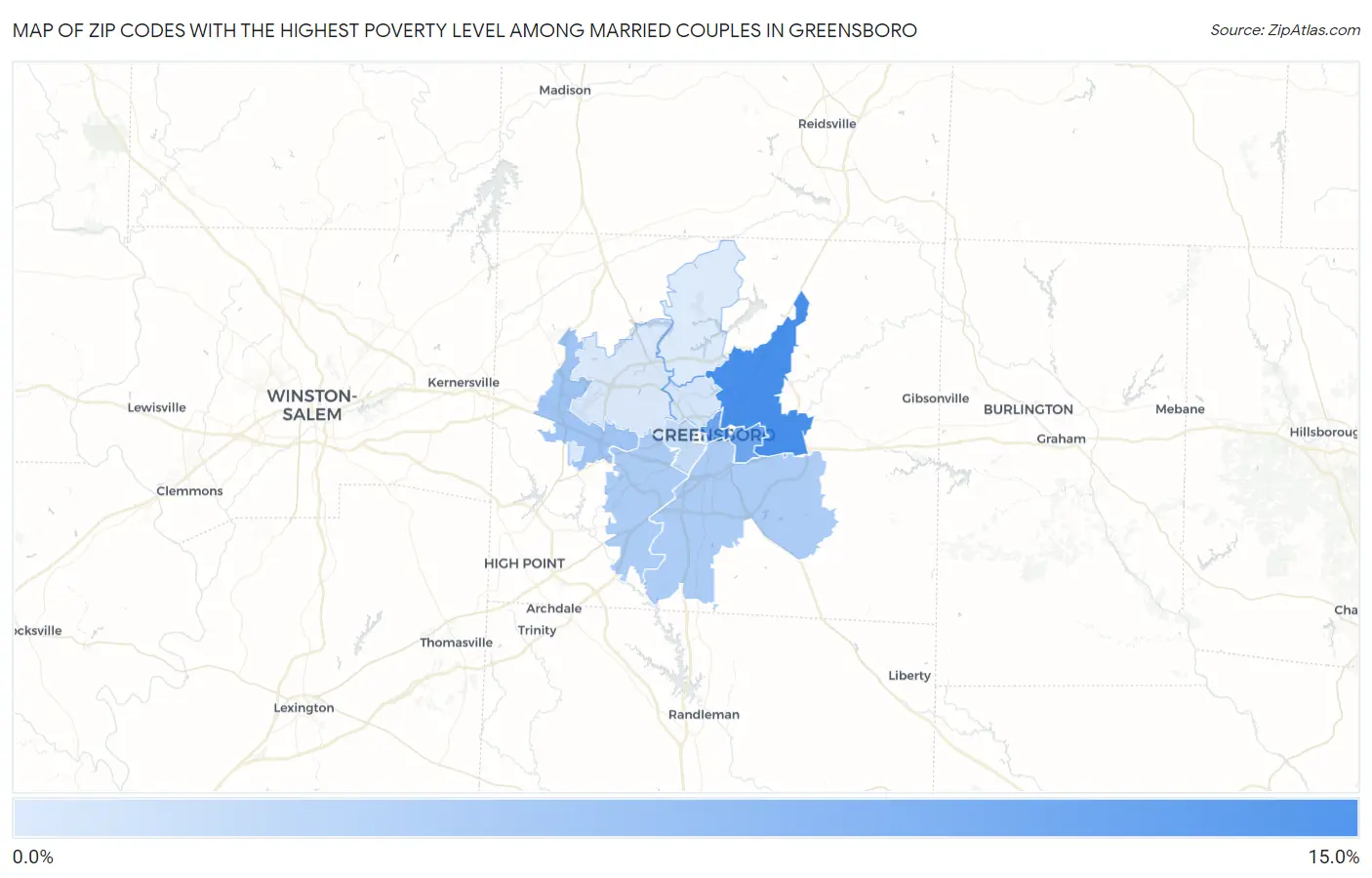 Zip Codes with the Highest Poverty Level Among Married Couples in Greensboro Map
