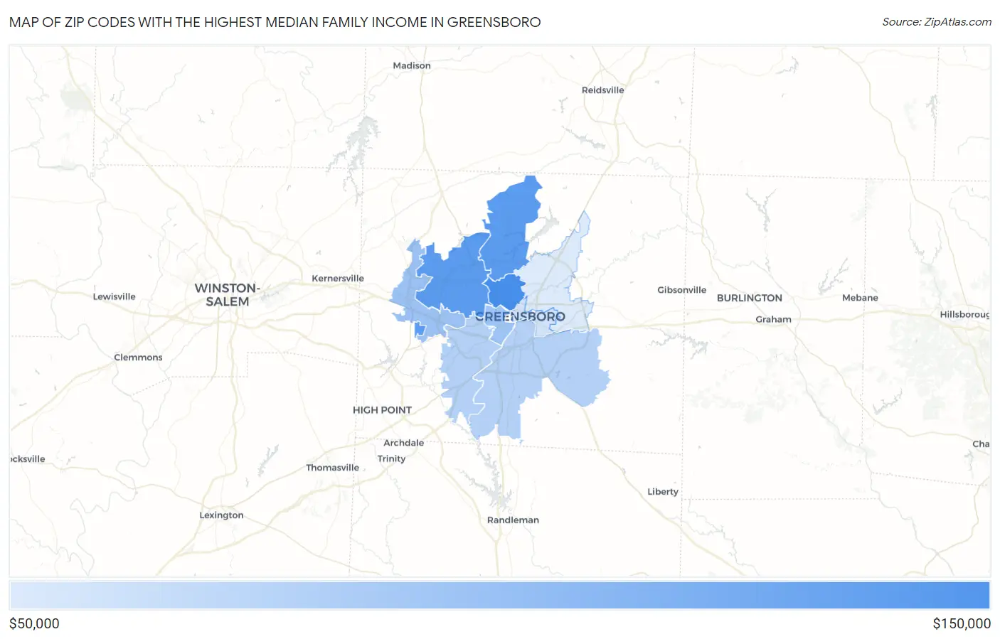 Zip Codes with the Highest Median Family Income in Greensboro Map