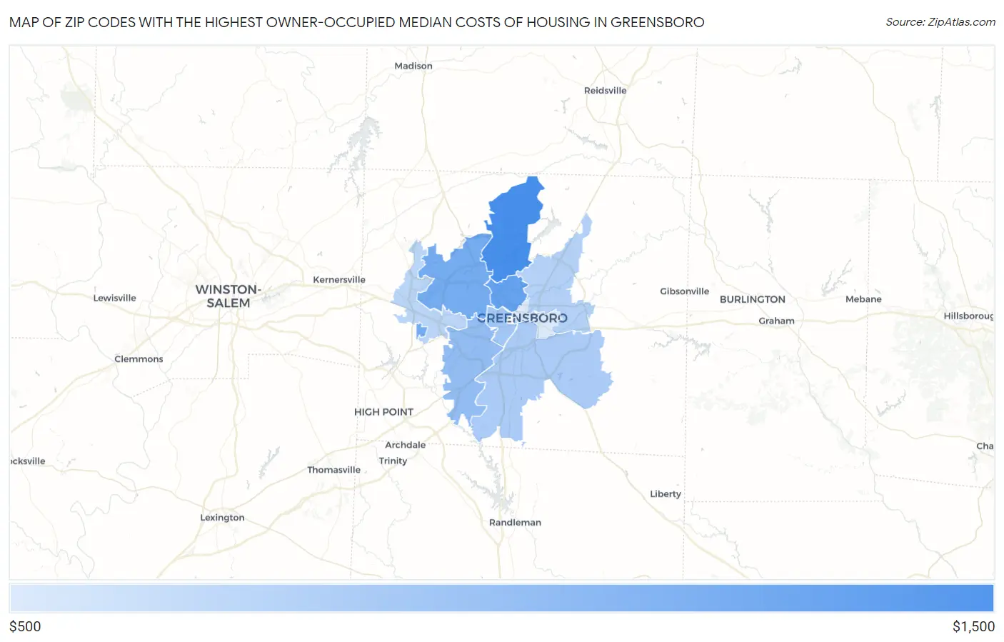Zip Codes with the Highest Owner-Occupied Median Costs of Housing in Greensboro Map