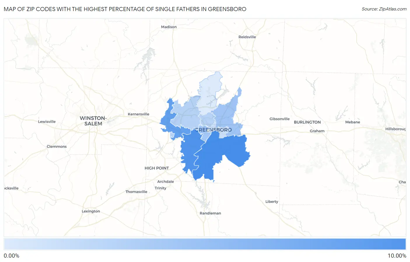 Zip Codes with the Highest Percentage of Single Fathers in Greensboro Map