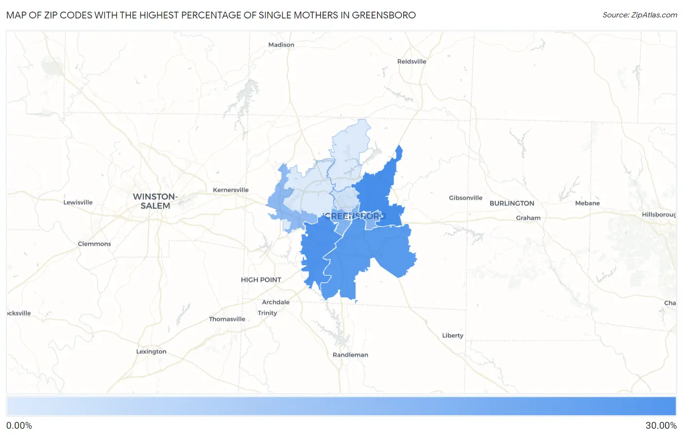 Zip Codes with the Highest Percentage of Single Mothers in Greensboro Map