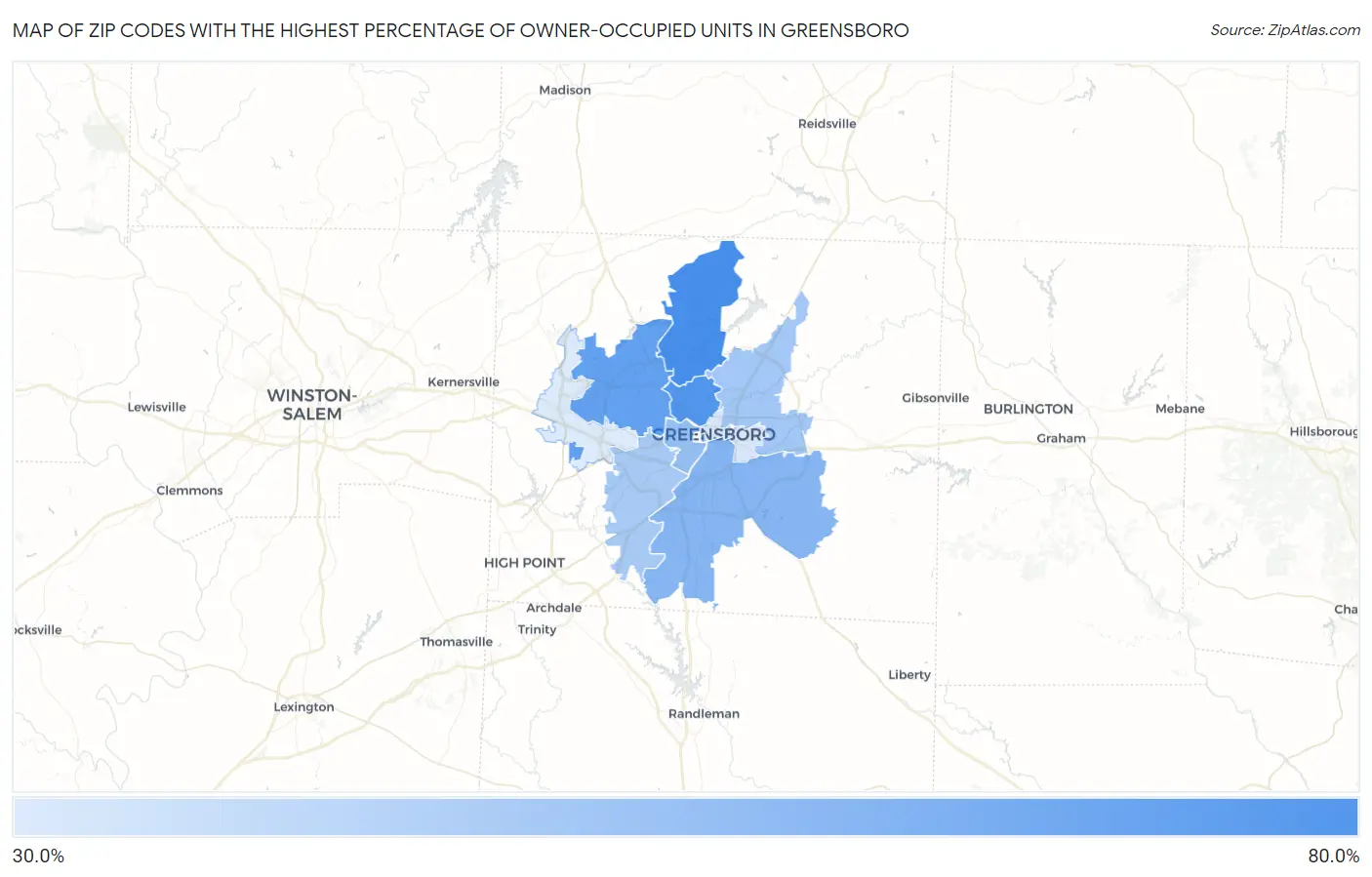 Zip Codes with the Highest Percentage of Owner-Occupied Units in Greensboro Map