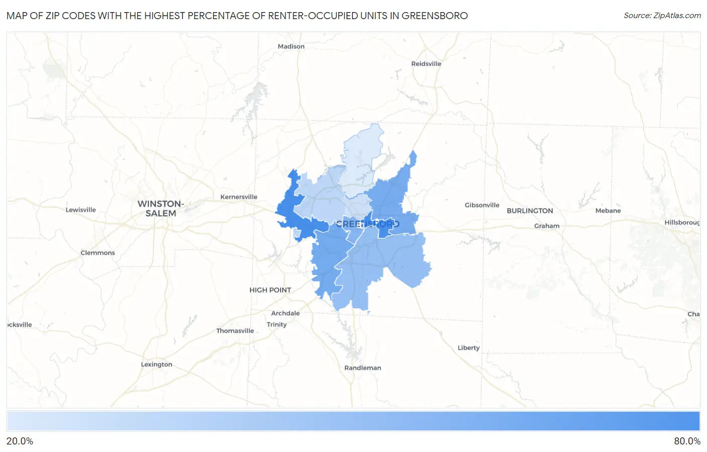 Zip Codes with the Highest Percentage of Renter-Occupied Units in Greensboro Map