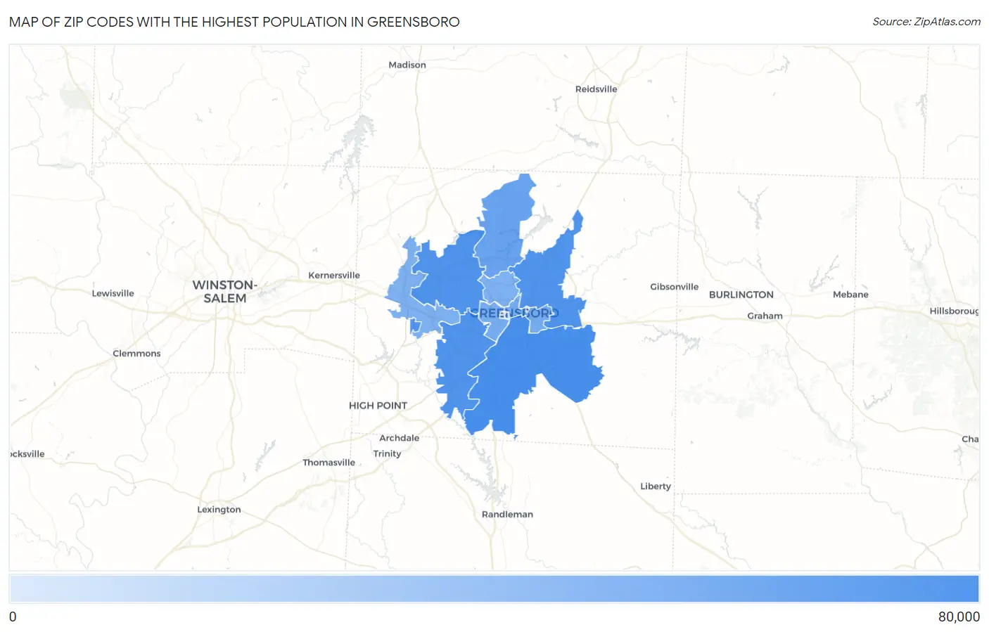 Zip Codes with the Highest Population in Greensboro Map