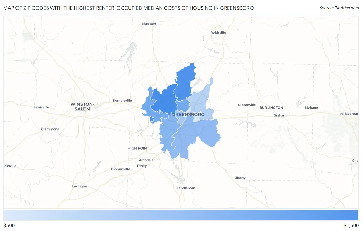 Zip Codes with the Highest Renter-Occupied Median Costs of Housing in Greensboro Map