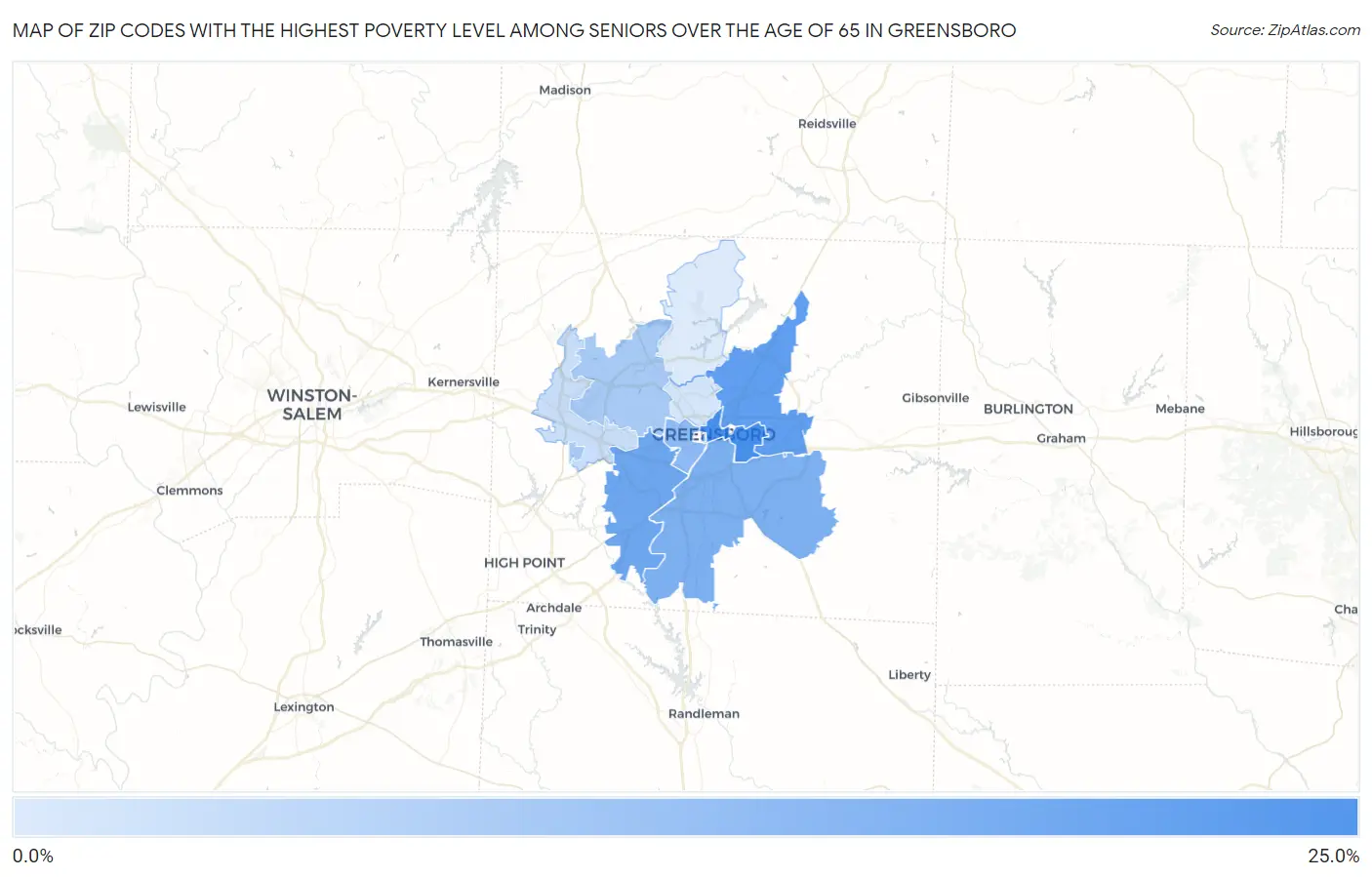 Zip Codes with the Highest Poverty Level Among Seniors Over the Age of 65 in Greensboro Map
