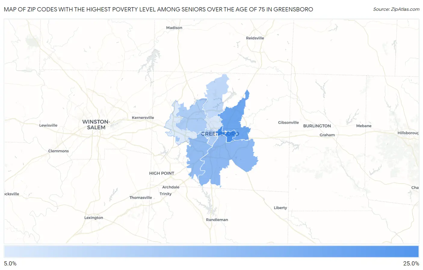 Zip Codes with the Highest Poverty Level Among Seniors Over the Age of 75 in Greensboro Map
