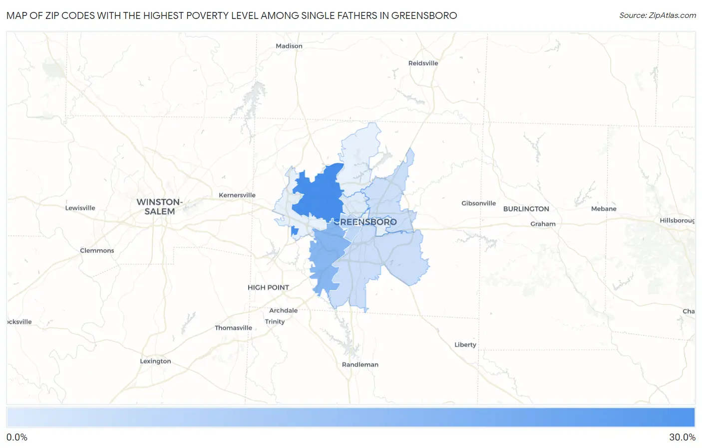 Zip Codes with the Highest Poverty Level Among Single Fathers in Greensboro Map