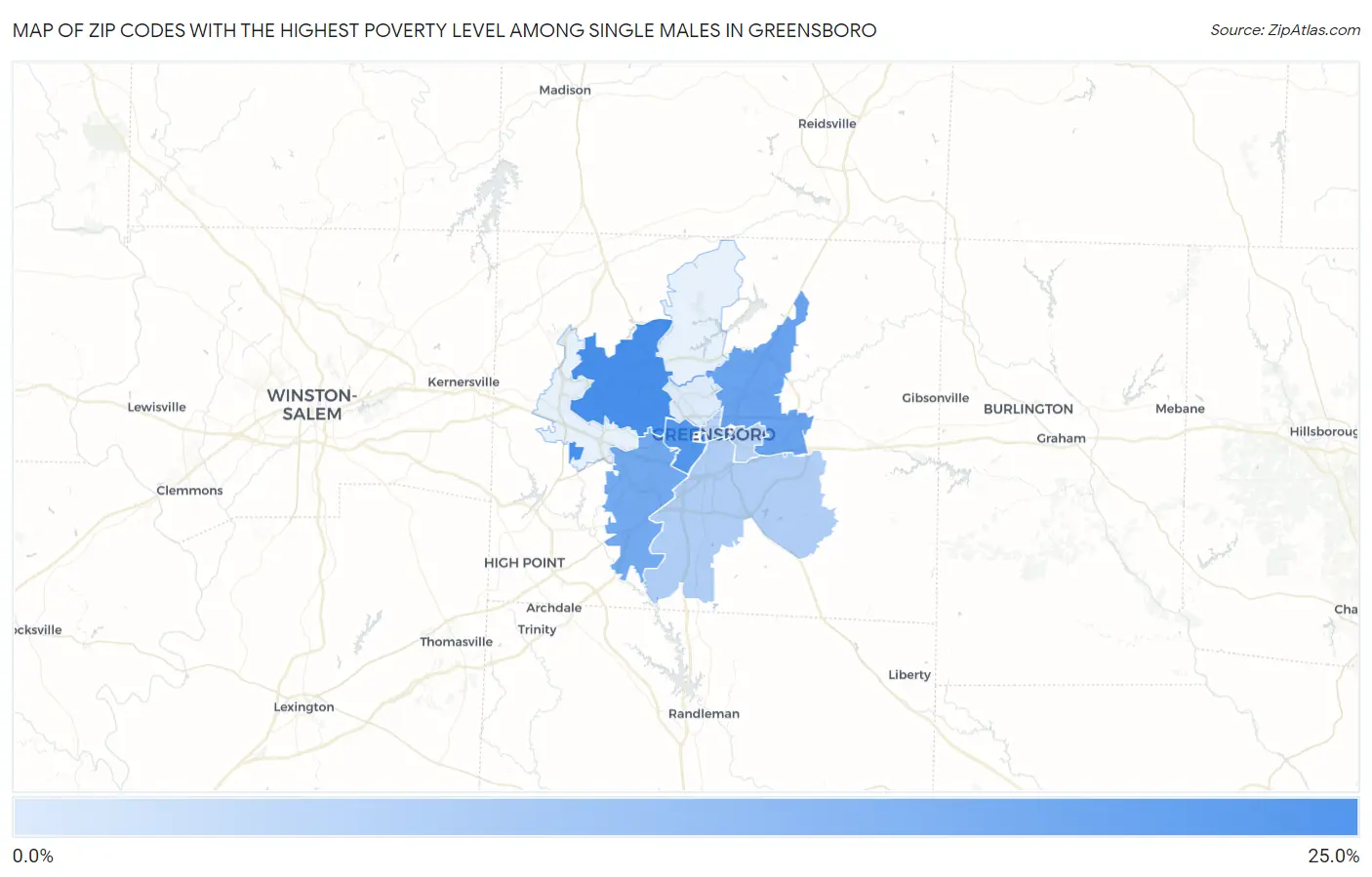 Zip Codes with the Highest Poverty Level Among Single Males in Greensboro Map