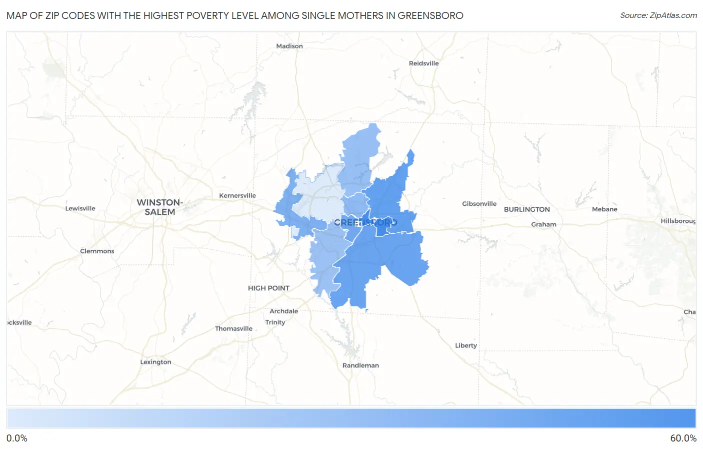 Zip Codes with the Highest Poverty Level Among Single Mothers in Greensboro Map