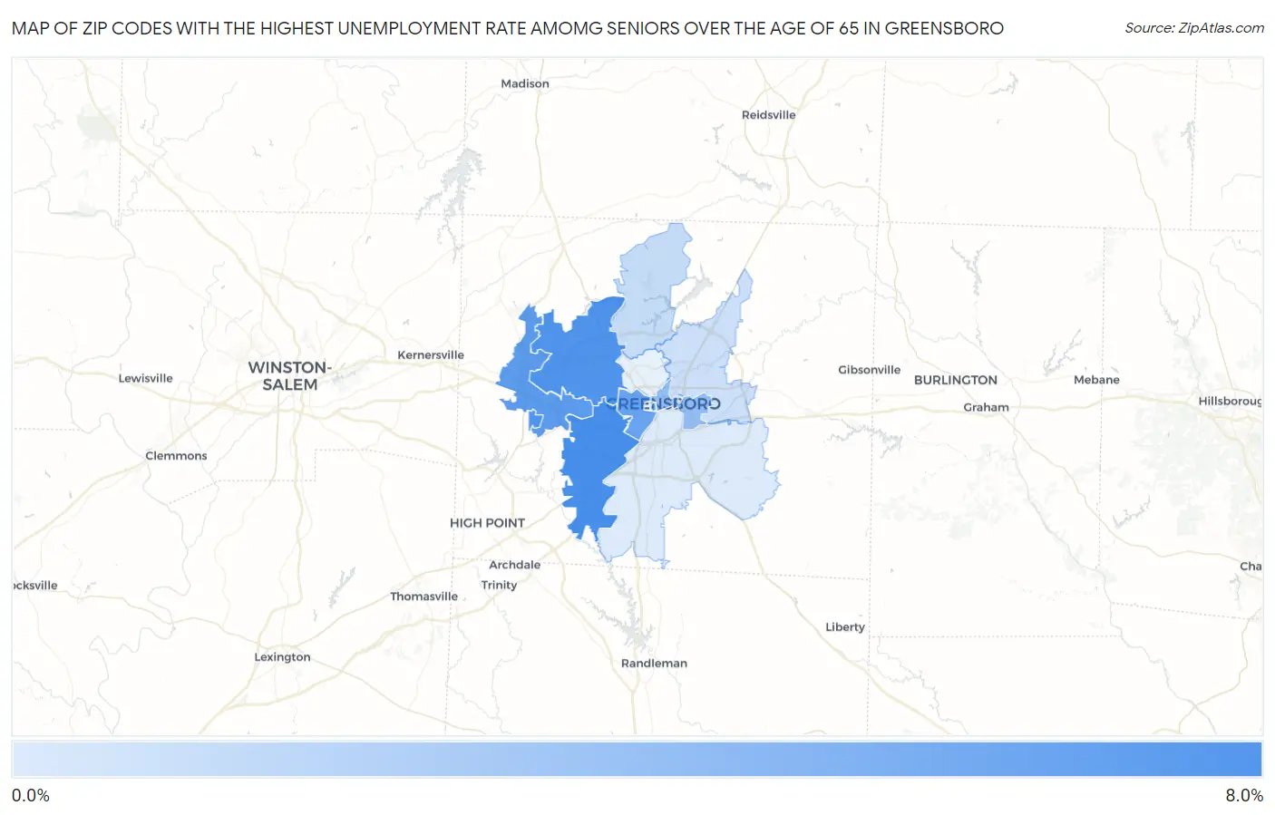 Zip Codes with the Highest Unemployment Rate Amomg Seniors Over the Age of 65 in Greensboro Map