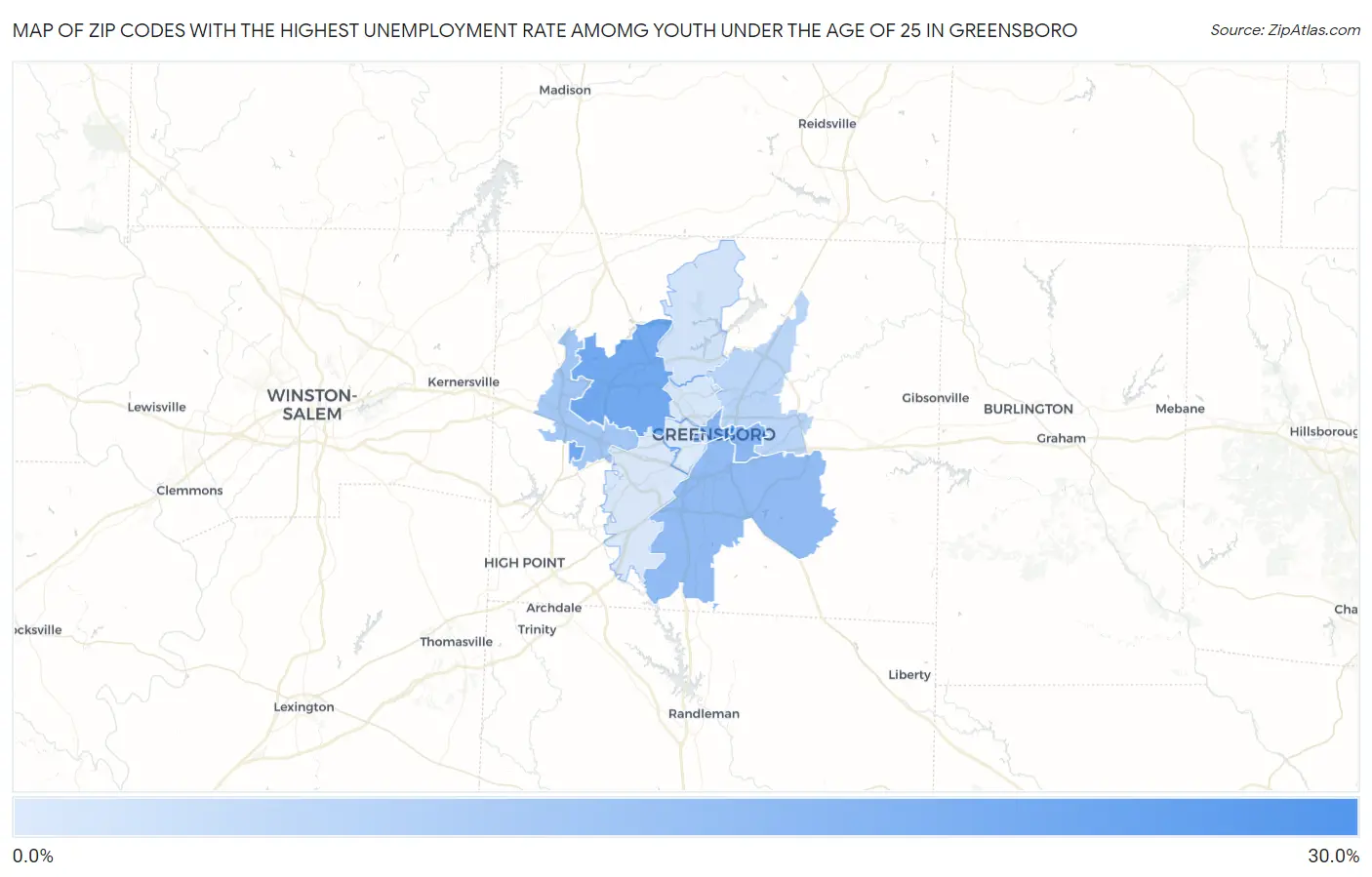 Zip Codes with the Highest Unemployment Rate Amomg Youth Under the Age of 25 in Greensboro Map