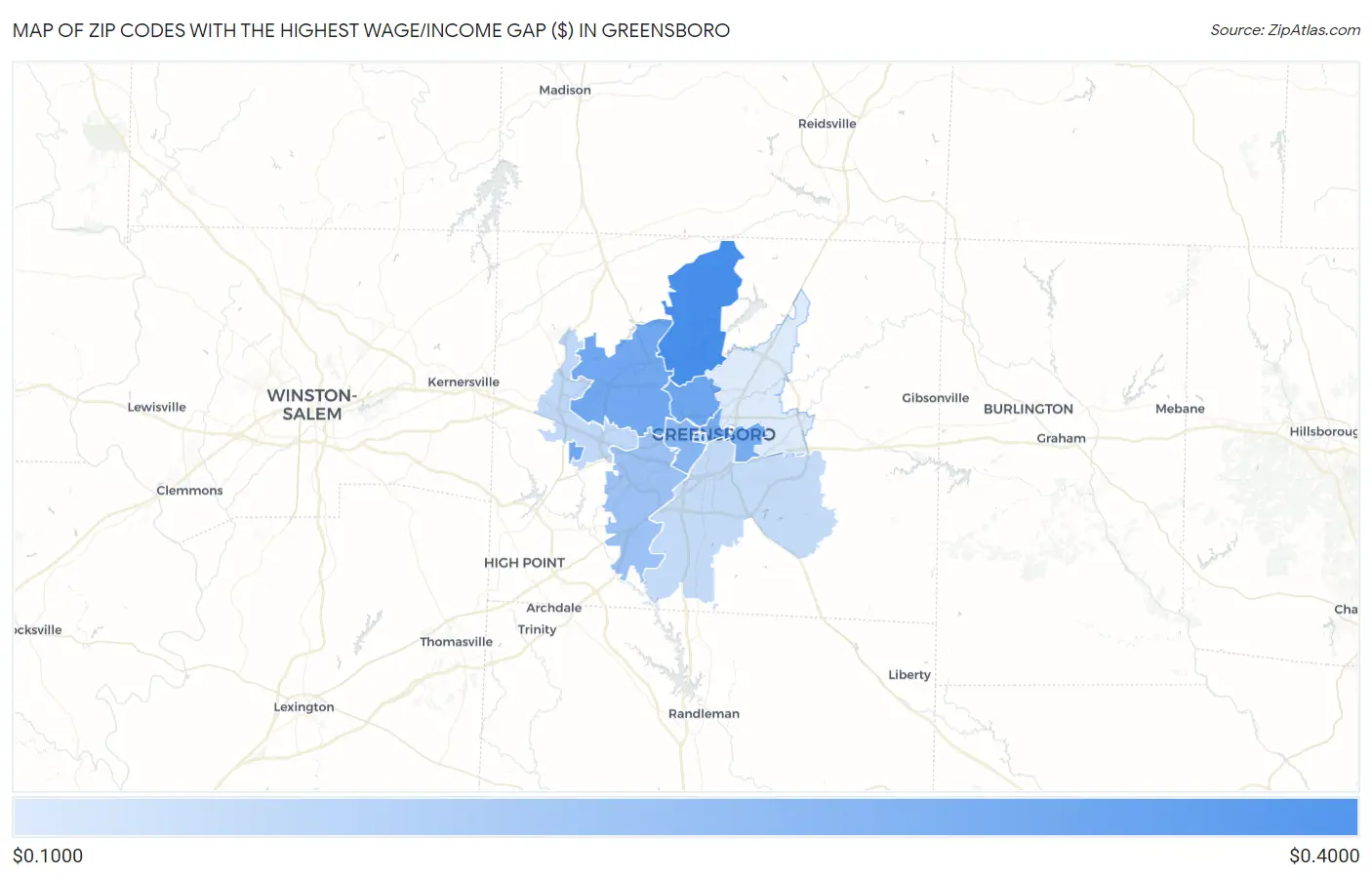 Zip Codes with the Highest Wage/Income Gap ($) in Greensboro Map