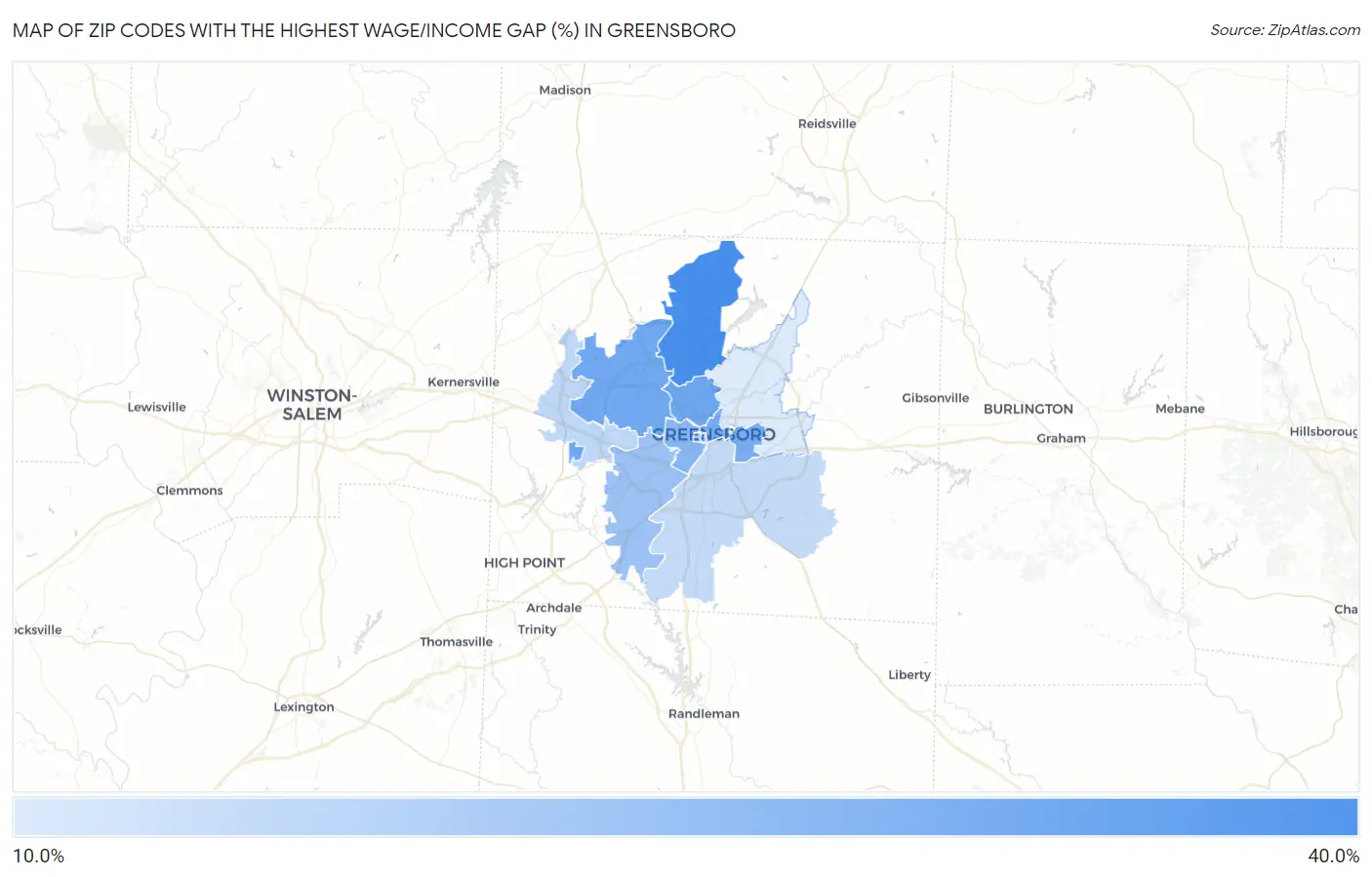 Zip Codes with the Highest Wage/Income Gap (%) in Greensboro Map