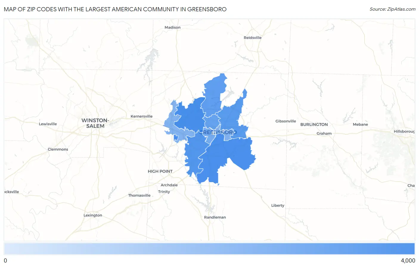 Zip Codes with the Largest American Community in Greensboro Map