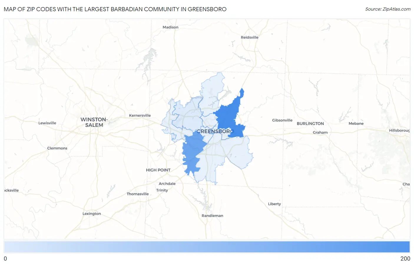 Zip Codes with the Largest Barbadian Community in Greensboro Map
