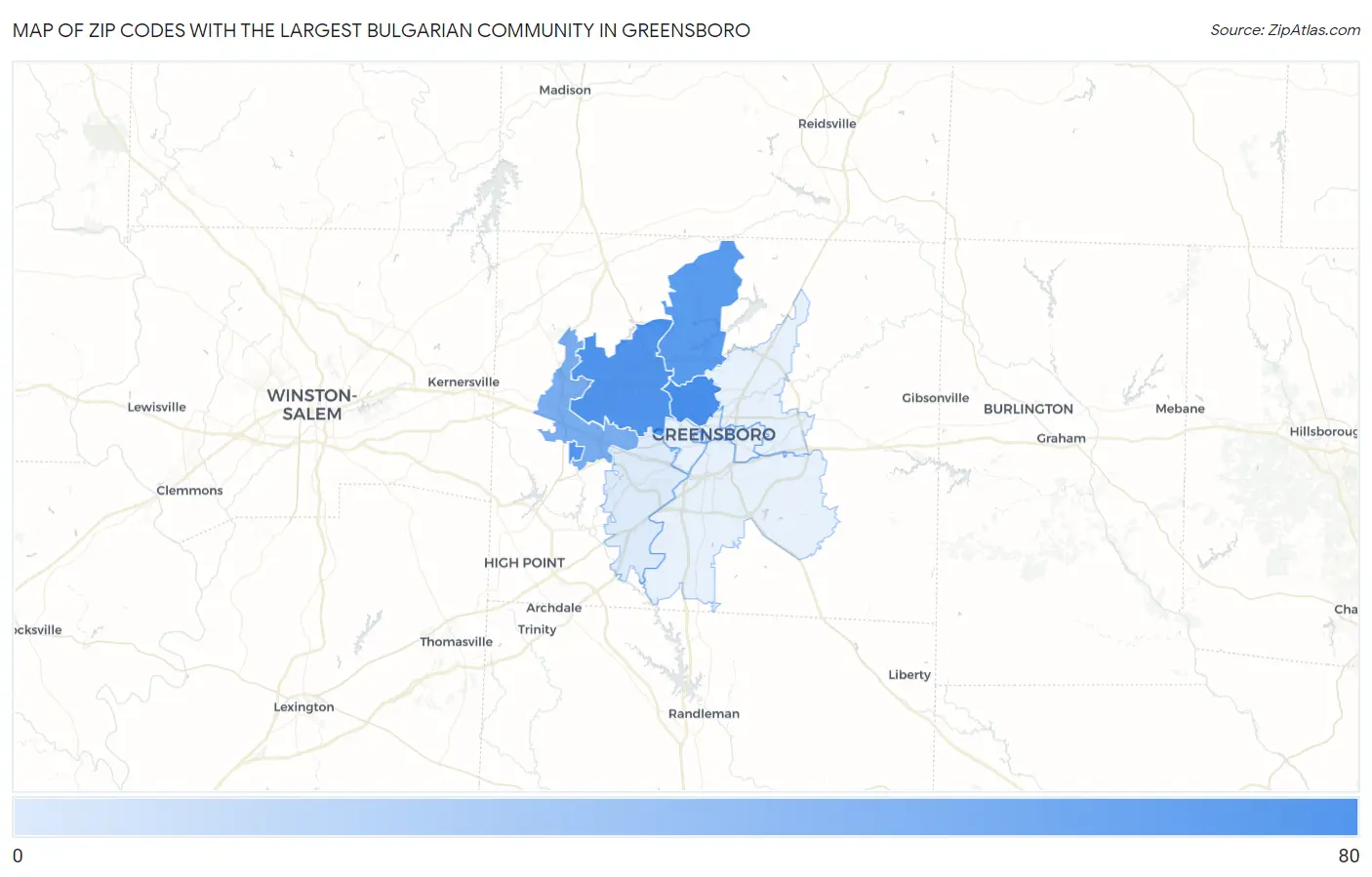 Zip Codes with the Largest Bulgarian Community in Greensboro Map