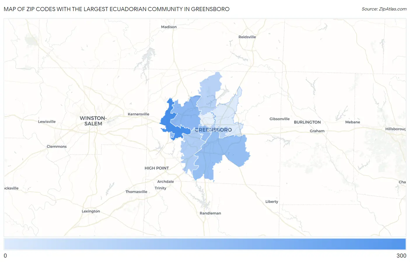 Zip Codes with the Largest Ecuadorian Community in Greensboro Map