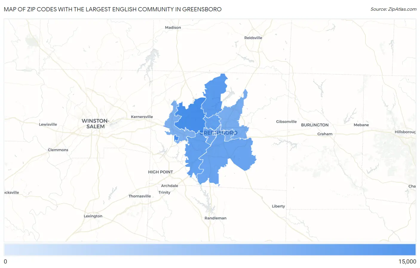 Zip Codes with the Largest English Community in Greensboro Map