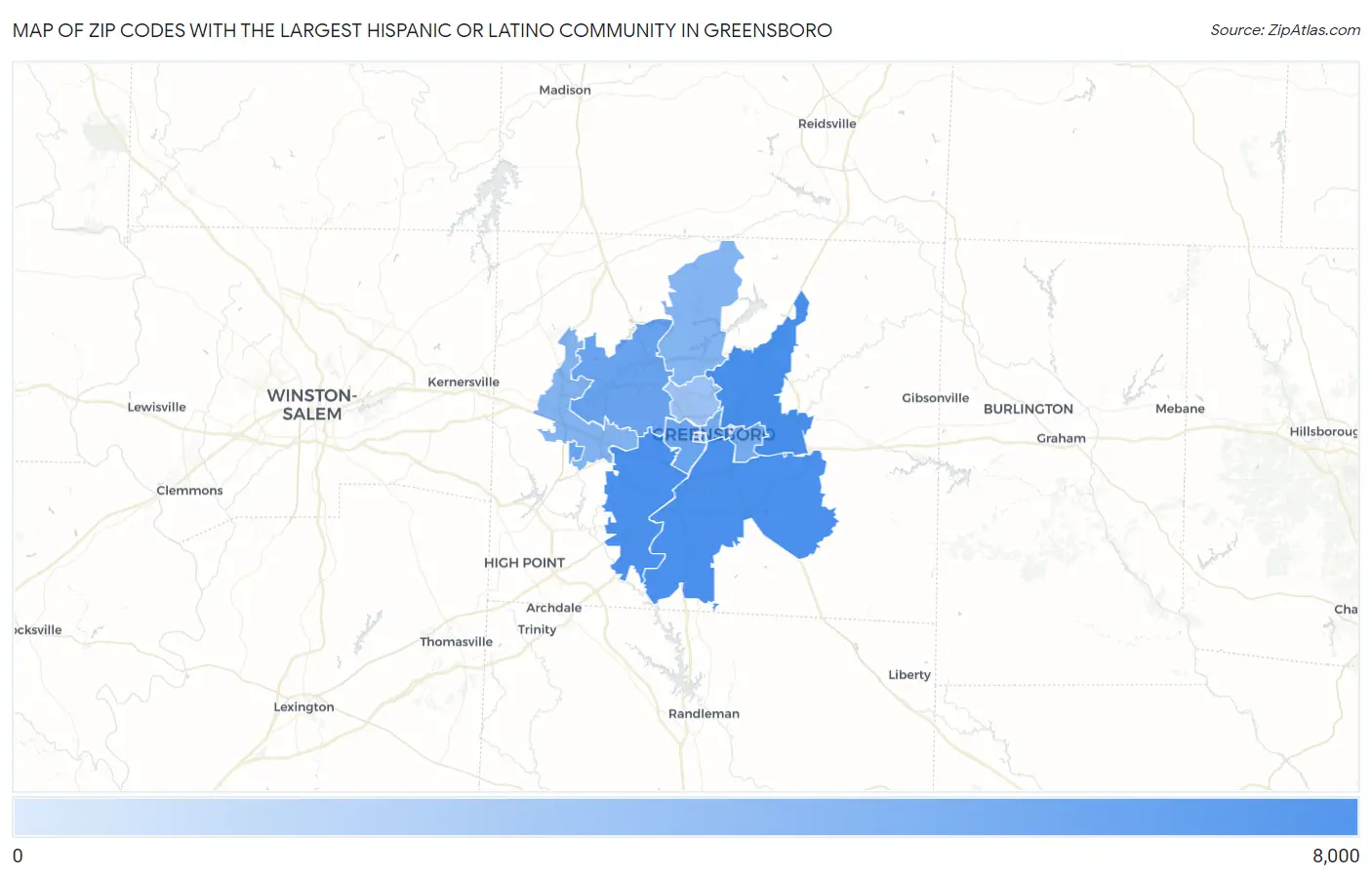 Zip Codes with the Largest Hispanic or Latino Community in Greensboro Map