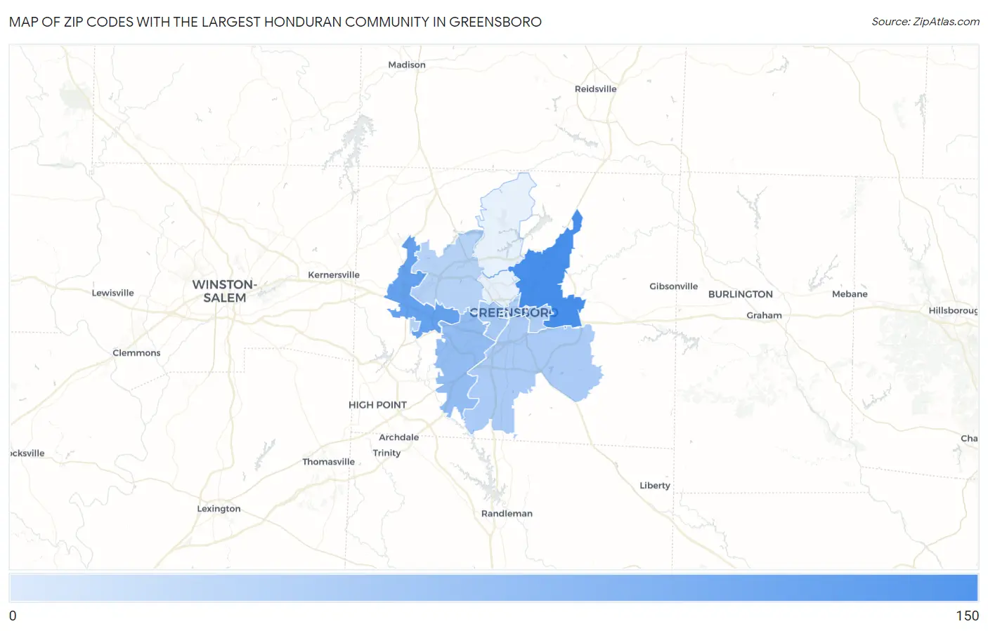 Zip Codes with the Largest Honduran Community in Greensboro Map