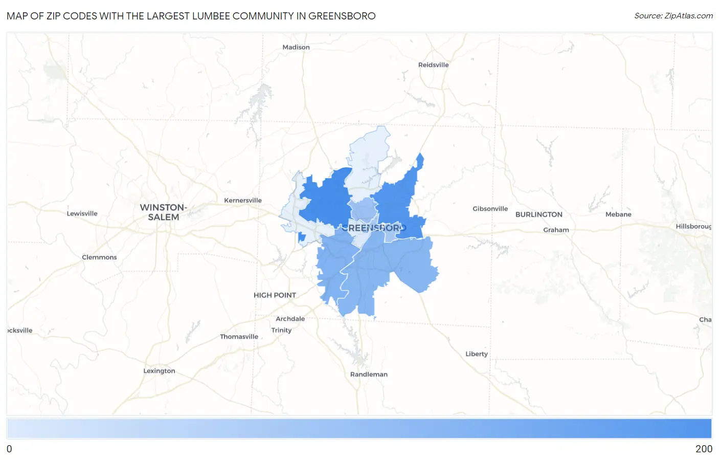 Zip Codes with the Largest Lumbee Community in Greensboro Map