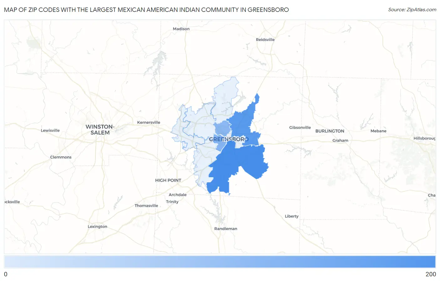 Zip Codes with the Largest Mexican American Indian Community in Greensboro Map