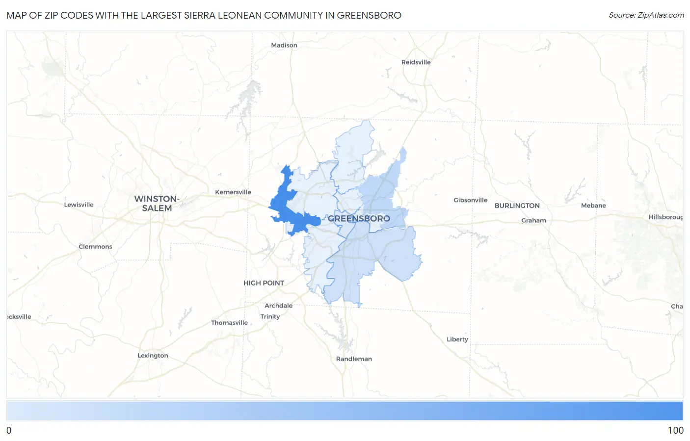 Zip Codes with the Largest Sierra Leonean Community in Greensboro Map