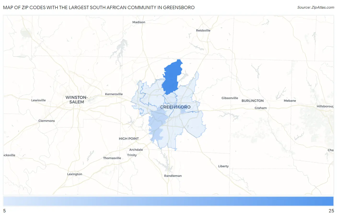 Zip Codes with the Largest South African Community in Greensboro Map