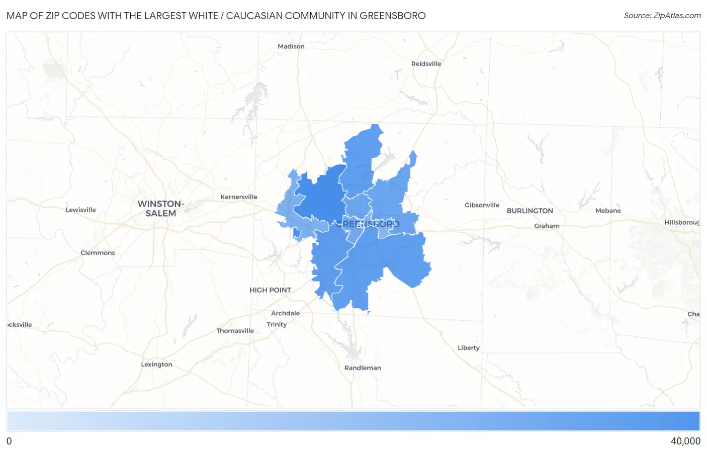 Zip Codes with the Largest White / Caucasian Community in Greensboro Map
