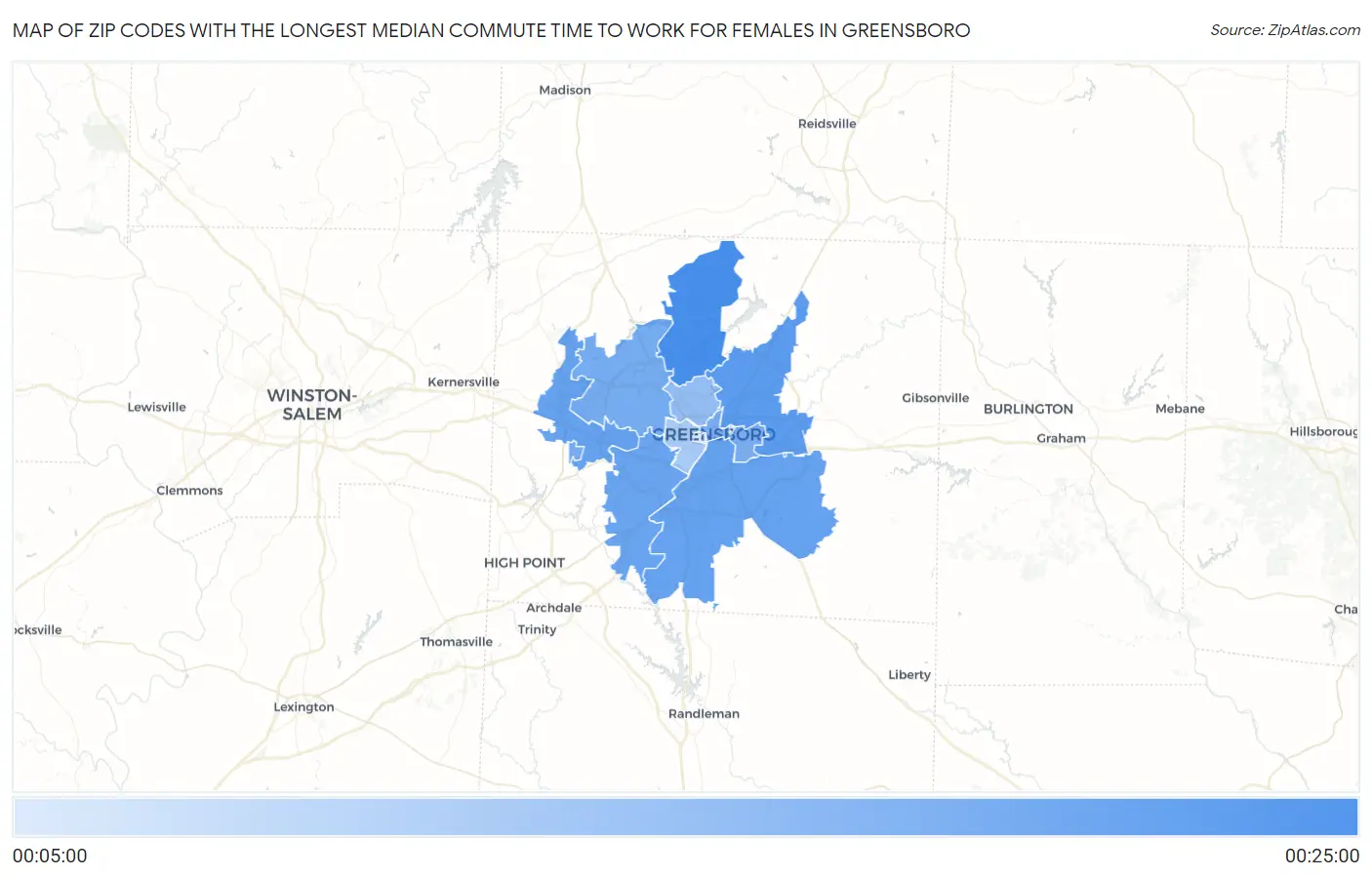 Zip Codes with the Longest Median Commute Time to Work for Females in Greensboro Map