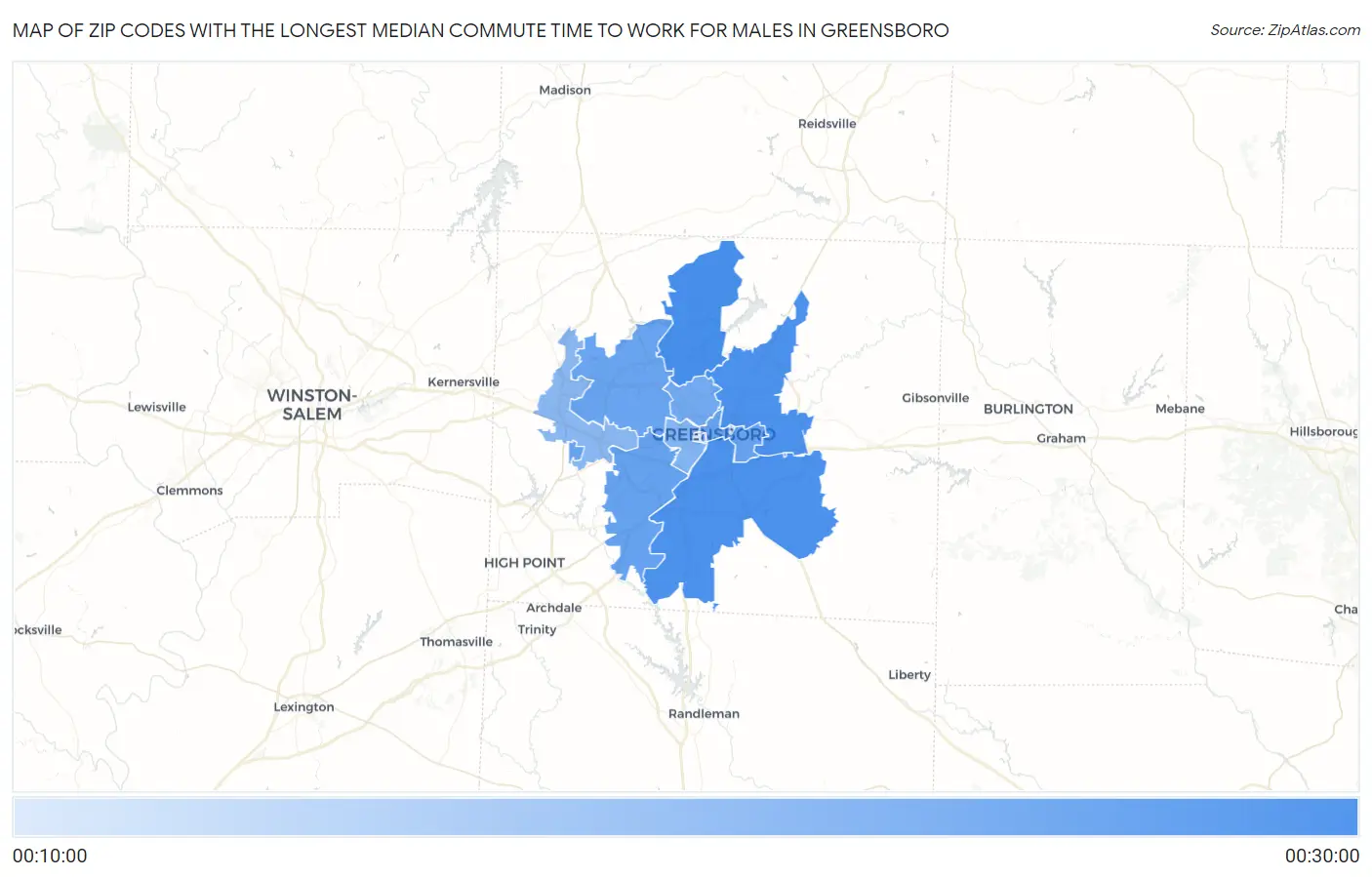 Zip Codes with the Longest Median Commute Time to Work for Males in Greensboro Map