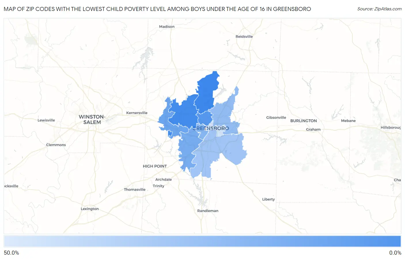 Zip Codes with the Lowest Child Poverty Level Among Boys Under the Age of 16 in Greensboro Map