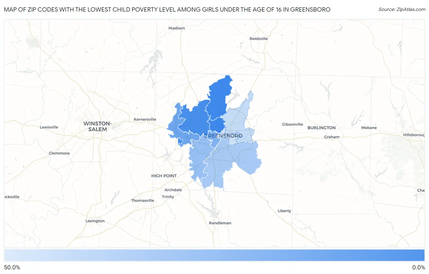 Zip Codes with the Lowest Child Poverty Level Among Girls Under the Age of 16 in Greensboro Map