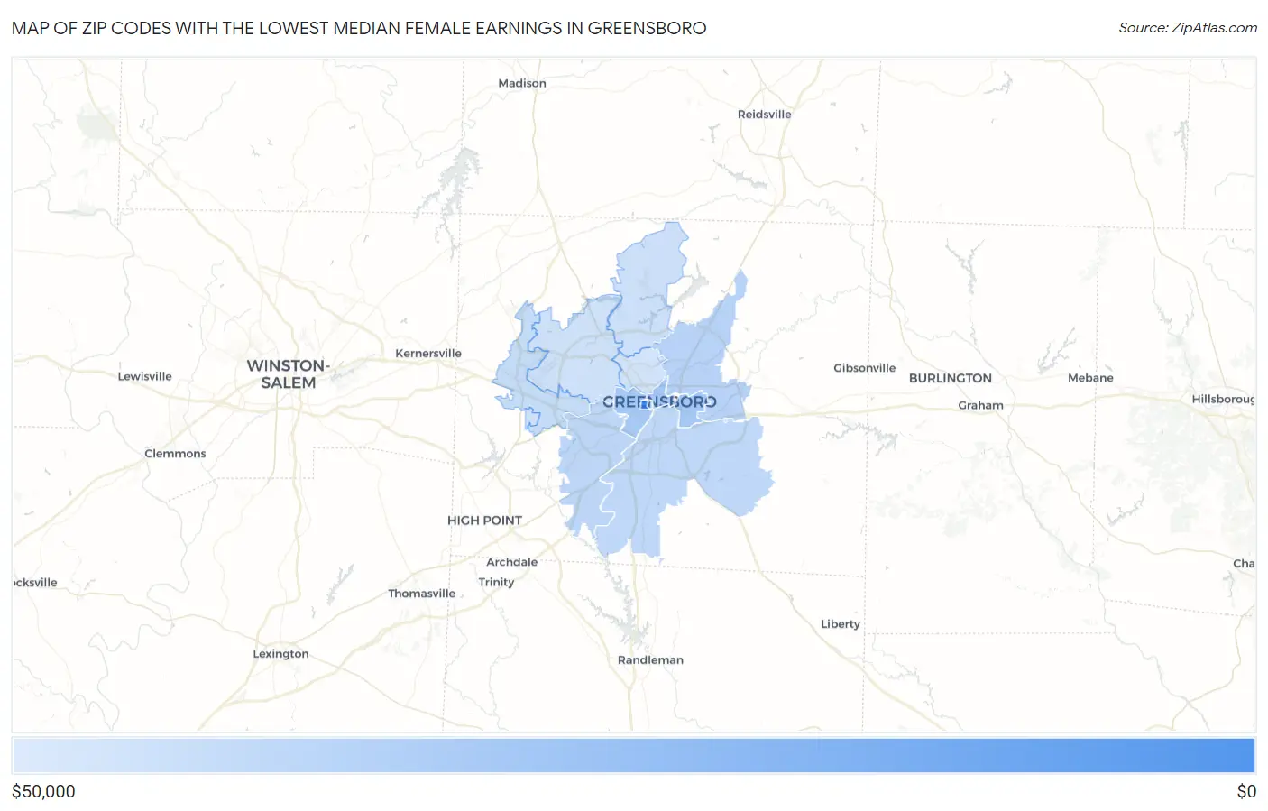 Zip Codes with the Lowest Median Female Earnings in Greensboro Map