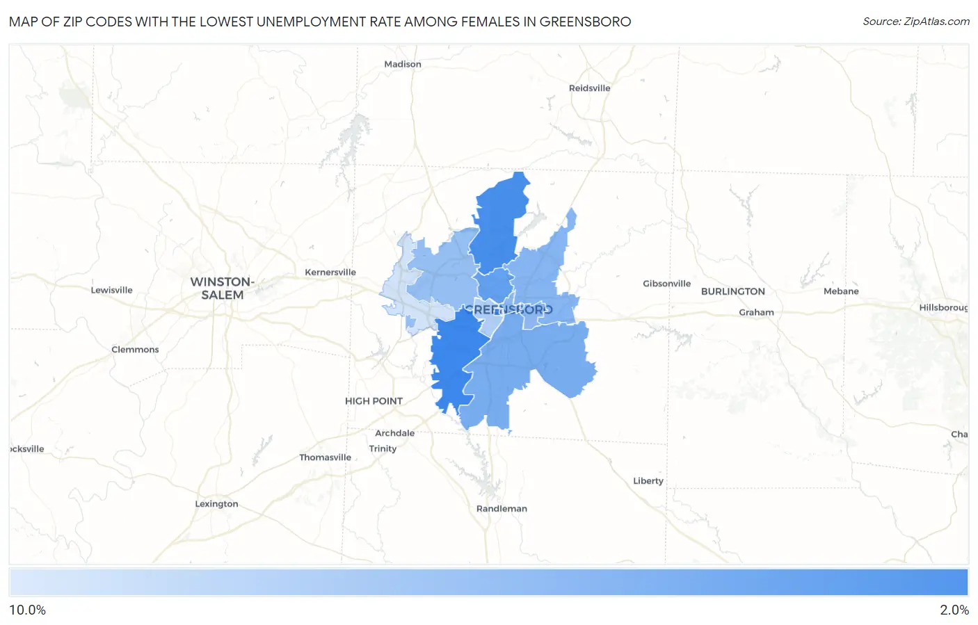 Zip Codes with the Lowest Unemployment Rate Among Females in Greensboro Map