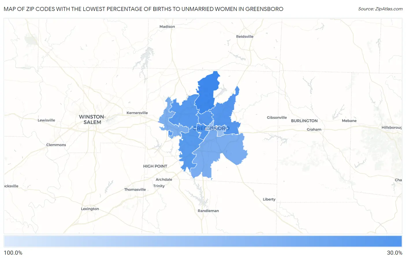 Zip Codes with the Lowest Percentage of Births to Unmarried Women in Greensboro Map