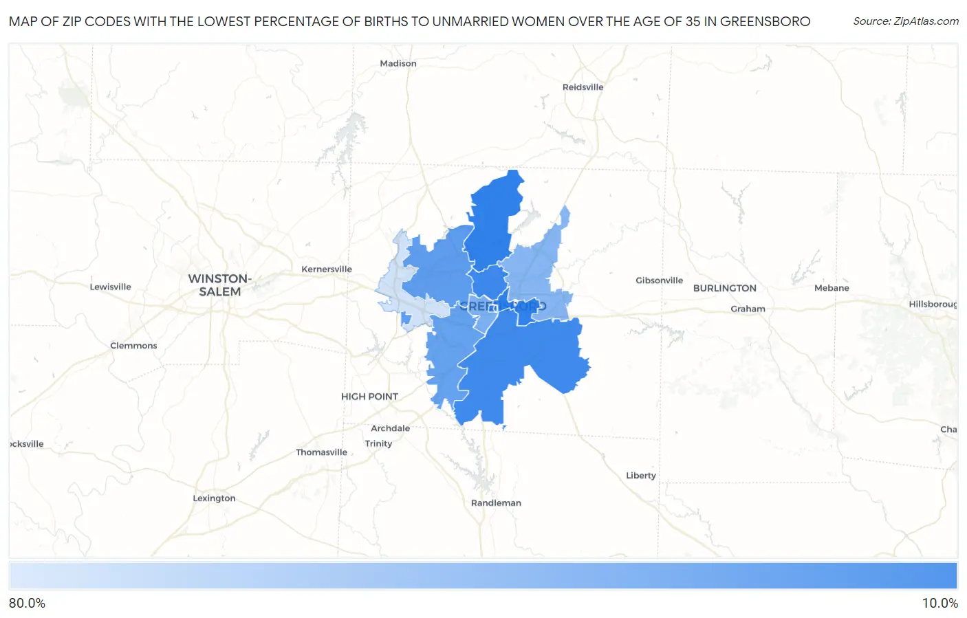 Zip Codes with the Lowest Percentage of Births to Unmarried Women over the Age of 35 in Greensboro Map