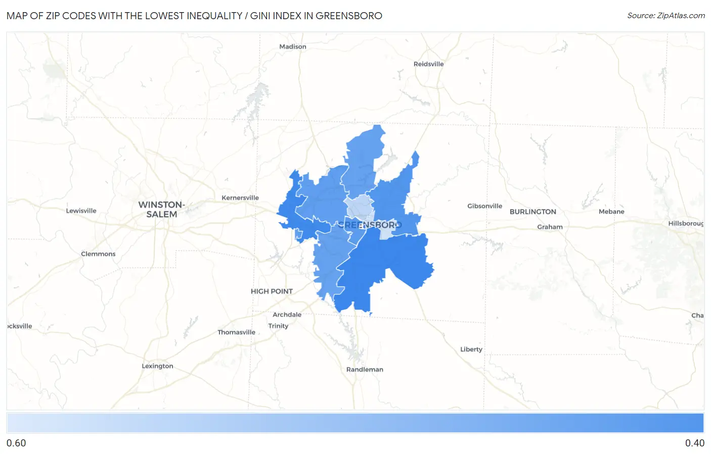 Zip Codes with the Lowest Inequality / Gini Index in Greensboro Map