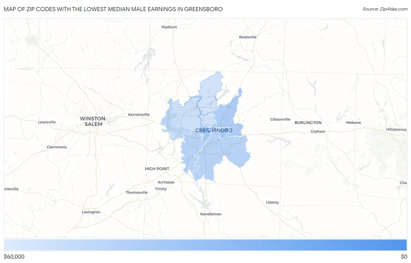 Zip Codes with the Lowest Median Male Earnings in Greensboro Map