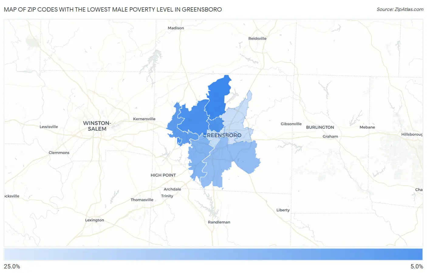 Zip Codes with the Lowest Male Poverty Level in Greensboro Map