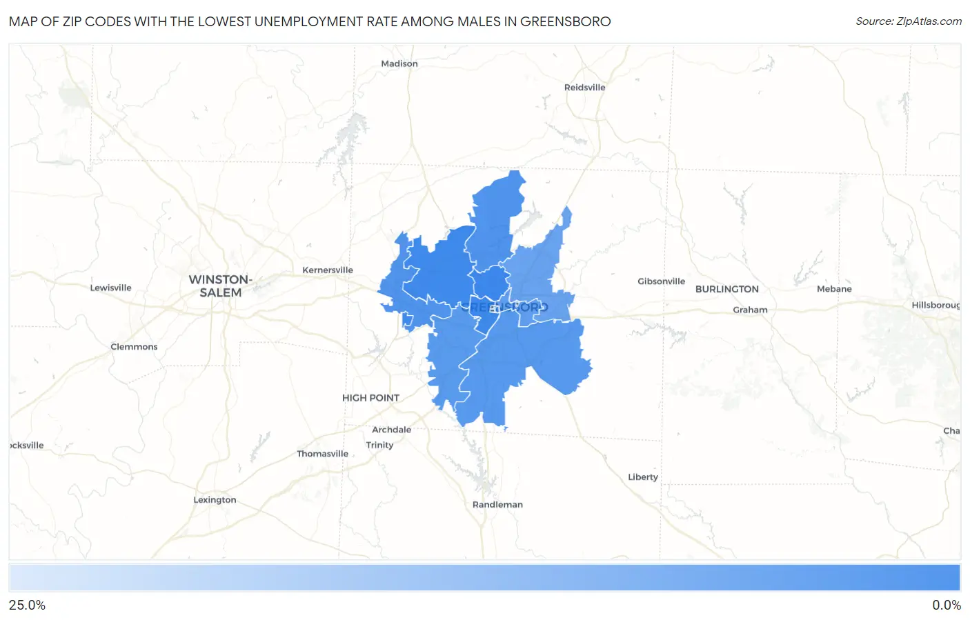 Zip Codes with the Lowest Unemployment Rate Among Males in Greensboro Map
