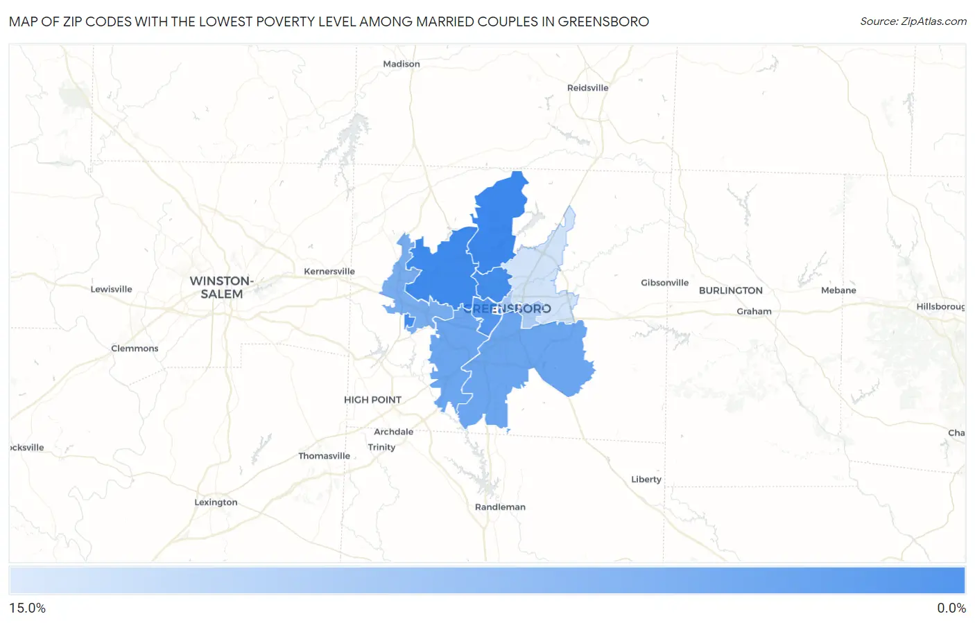 Zip Codes with the Lowest Poverty Level Among Married Couples in Greensboro Map