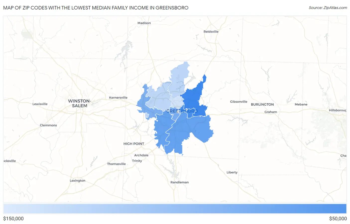 Zip Codes with the Lowest Median Family Income in Greensboro Map