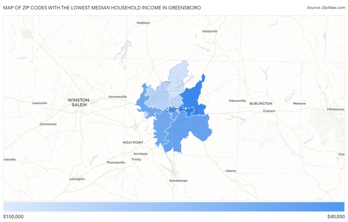 Zip Codes with the Lowest Median Household Income in Greensboro Map