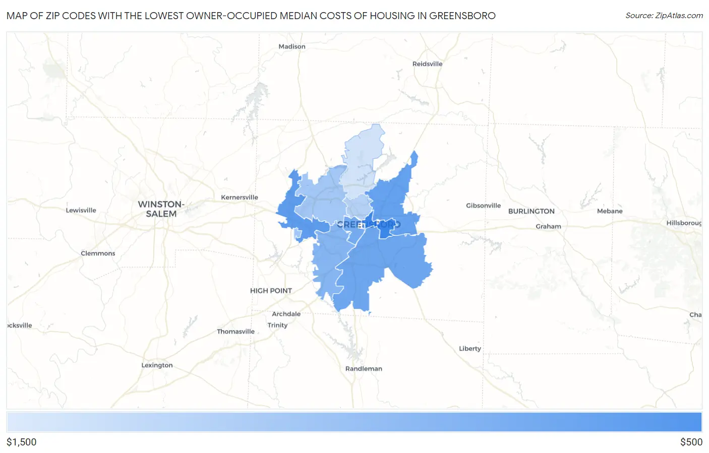 Zip Codes with the Lowest Owner-Occupied Median Costs of Housing in Greensboro Map